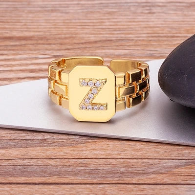 "Gold Initial A–Z Zircon Ring – Adjustable Women’s Jewelry