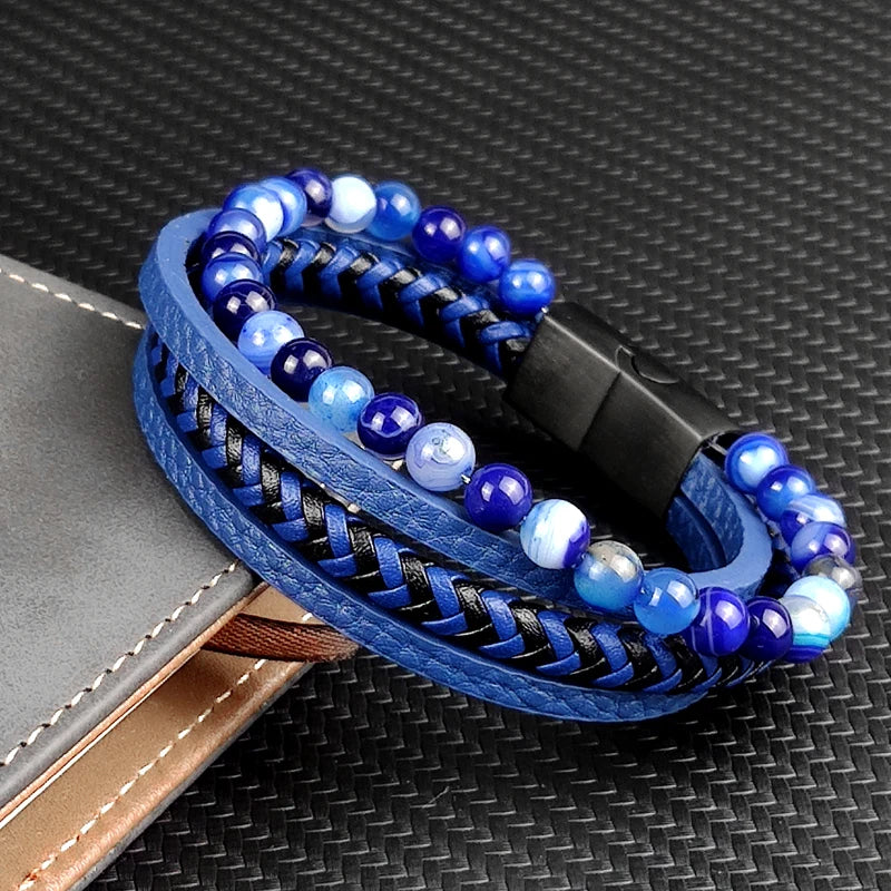 “Blue Stone & Leather Braided Bracelet”