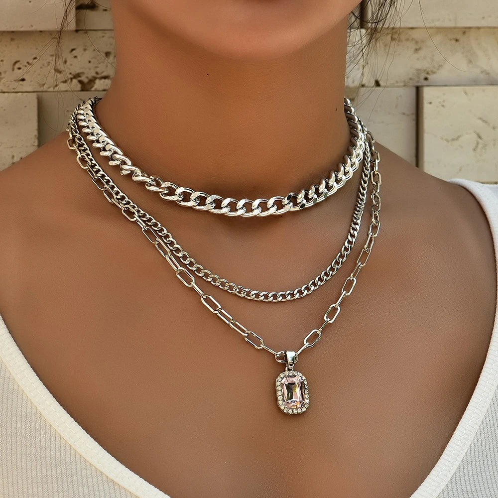 Silver Multi-layer Chain Necklace with Crystal Pendan