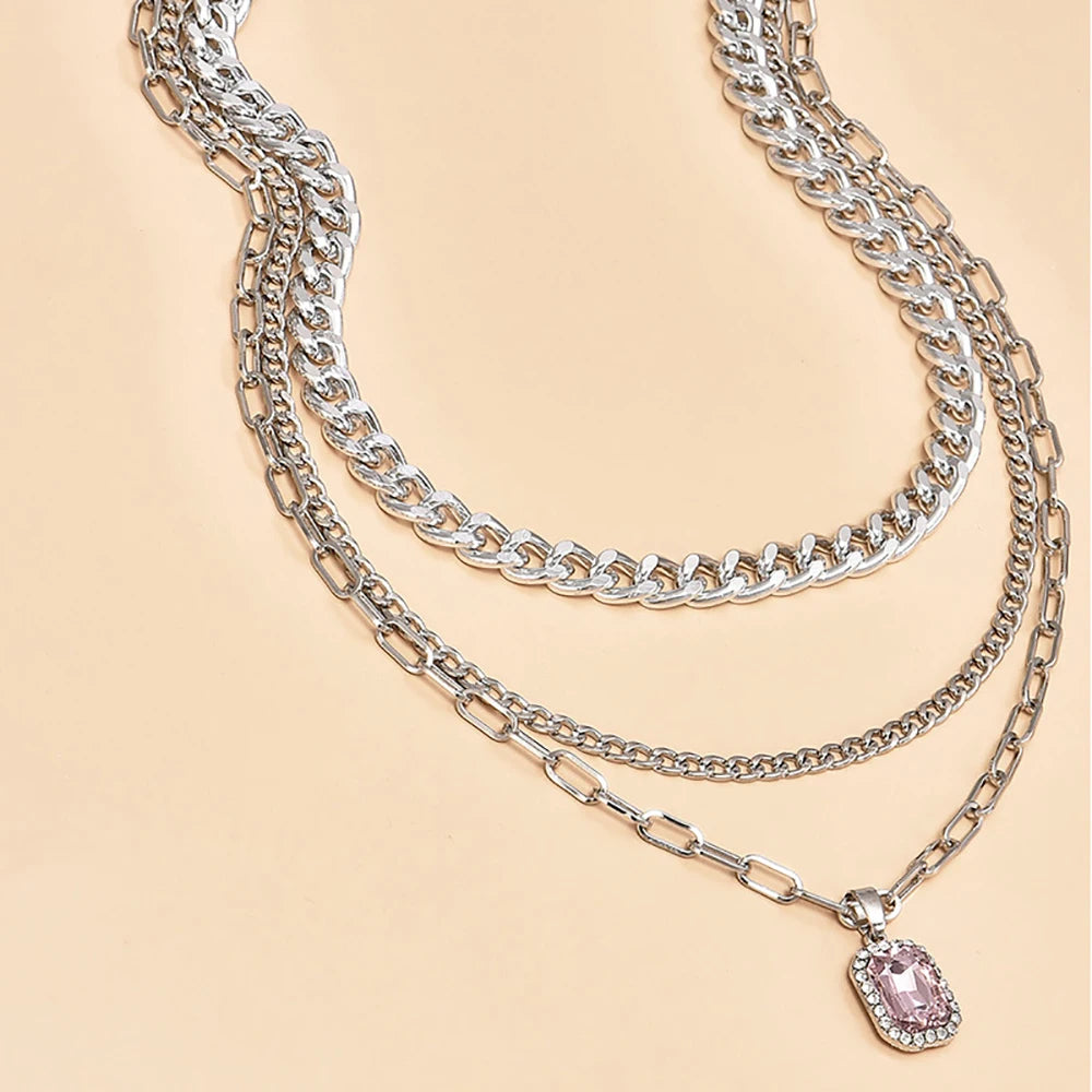 Silver Multi-layer Chain Necklace with Crystal Pendan