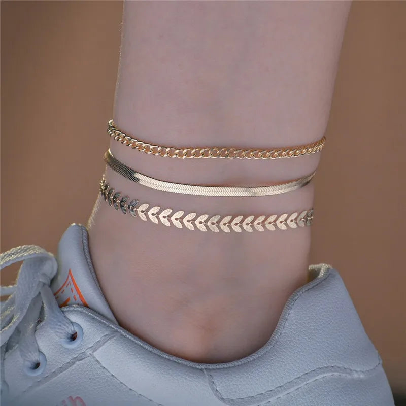 3PCS Gold Simple Chain Anklet Set, Beach Jewelry