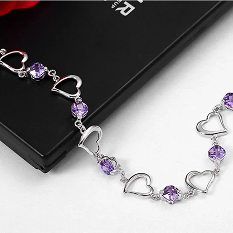 “925 Silver Heart Purple Crystal Bracelet”