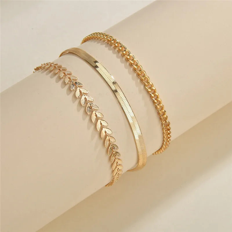 3PCS Gold Simple Chain Anklet Set, Beach Jewelry