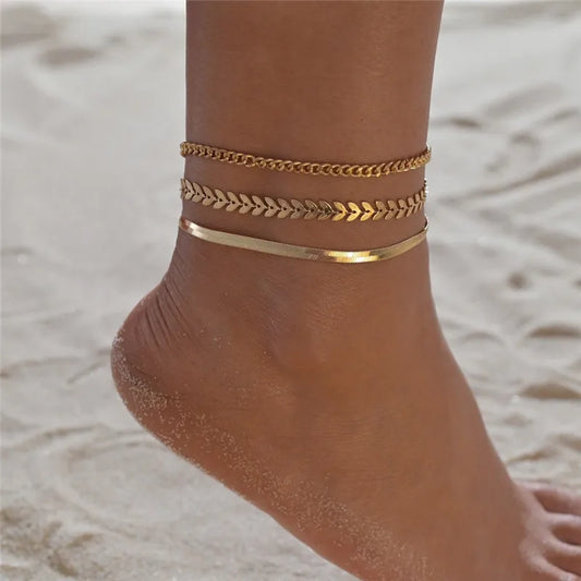 3PCS Gold Simple Chain Anklet Set, Beach Jewelry