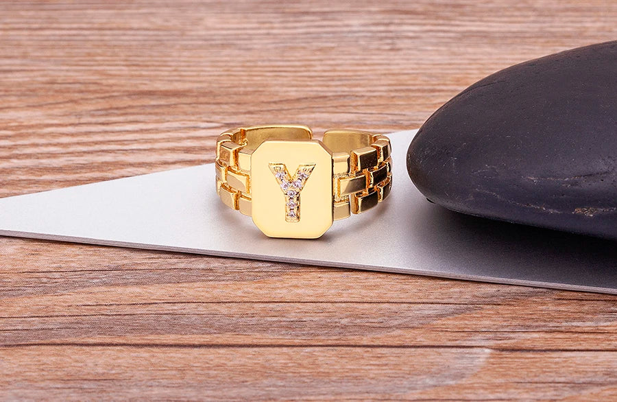 "Gold Initial A–Z Zircon Ring – Adjustable Women’s Jewelry
