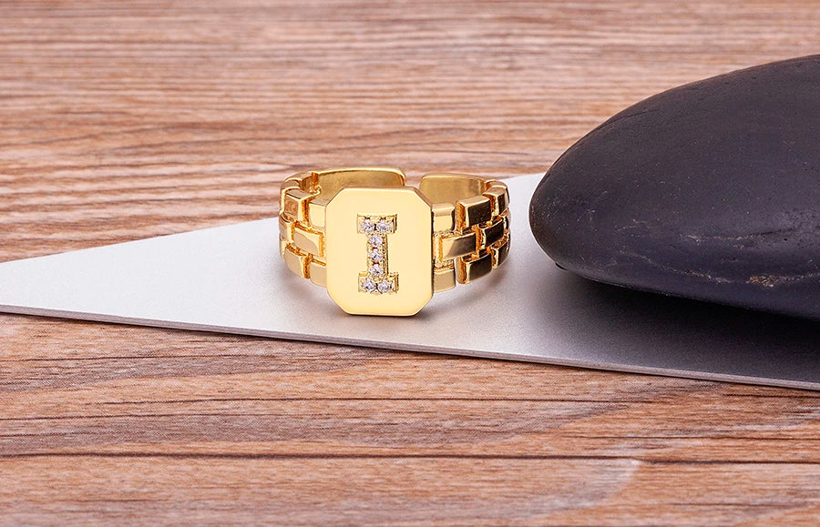 "Gold Initial A–Z Zircon Ring – Adjustable Women’s Jewelry