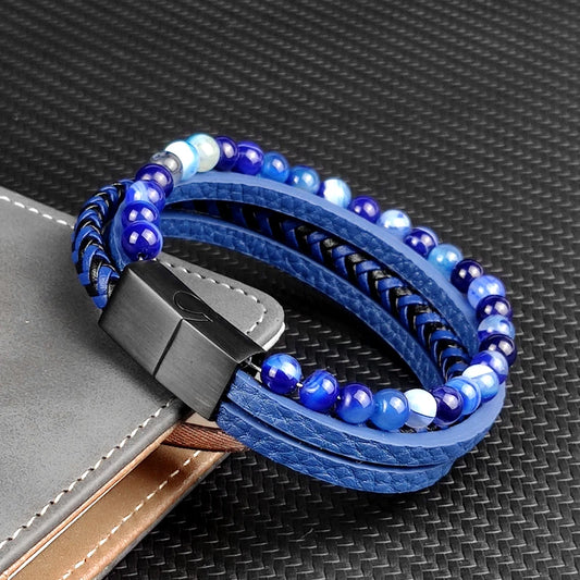 “Blue Stone & Leather Braided Bracelet”