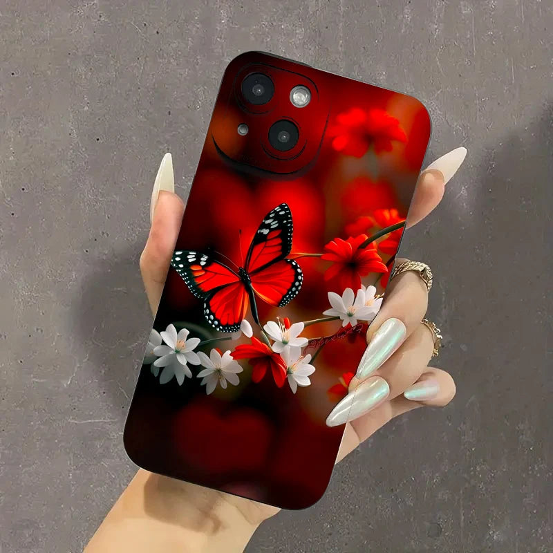 For iPhone 14 13 15 16 Pro Max Case Red Butterfly Flower Phone Case for iPhone 11 12 Mini Pro X XS XR 7 8 14 15 Plus SE2 Cover