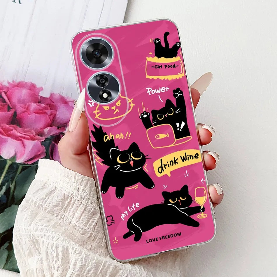 Elegant Floral Cat TPU Cover – OPPO A60
