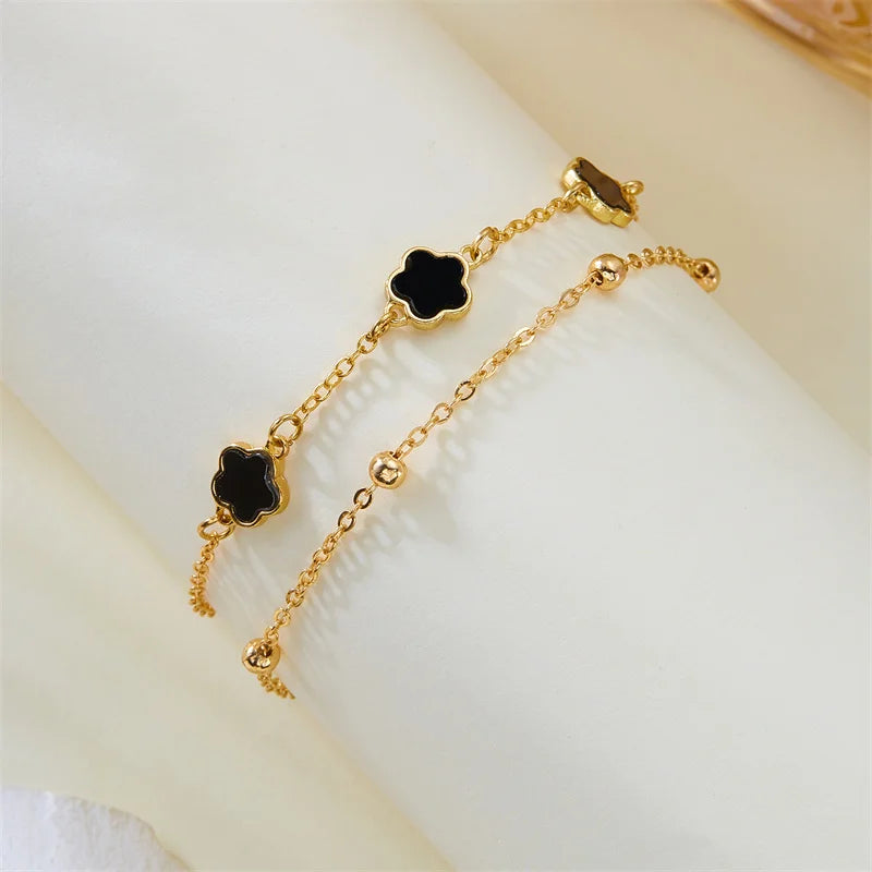 2PCS Lucky 5-Leaf Clover Anklet Set with Flower Charm