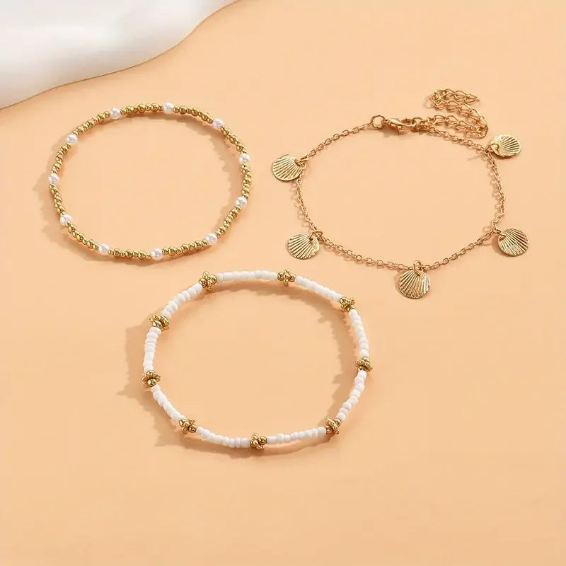 3PCS Retro Pearl & Shell Butterfly Anklet Set