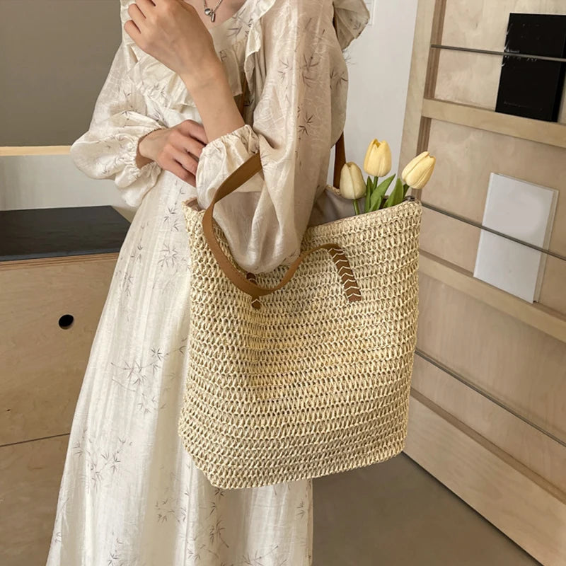 Summer Straw Bucket Bag