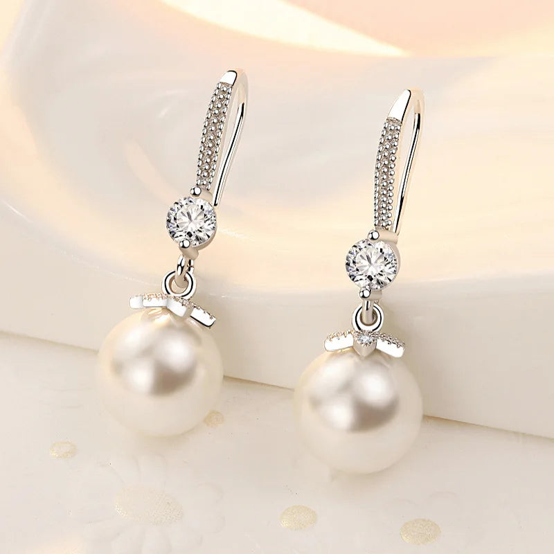 “925 Silver Long Pearl CZ Pendant Earrings