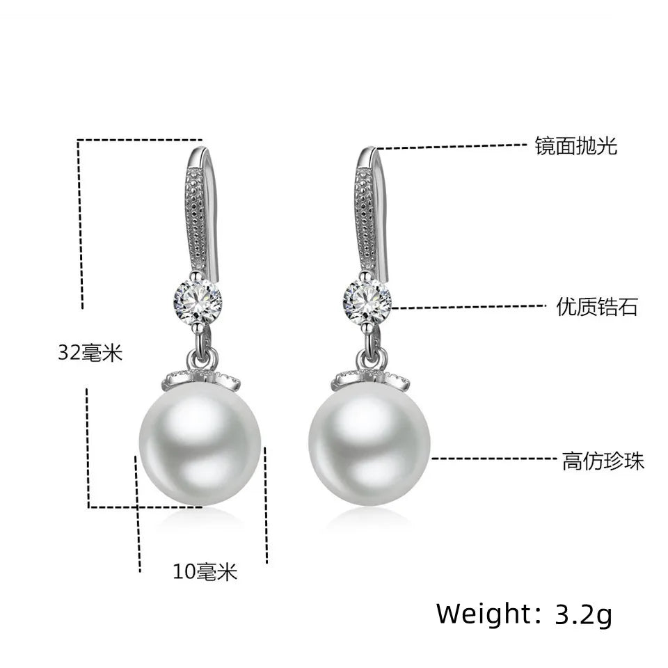 “925 Silver Long Pearl CZ Pendant Earrings