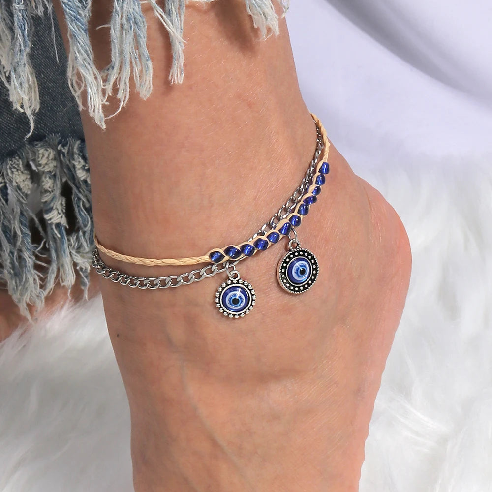 2PCS Boho Blue Evil Eye Anklet Set