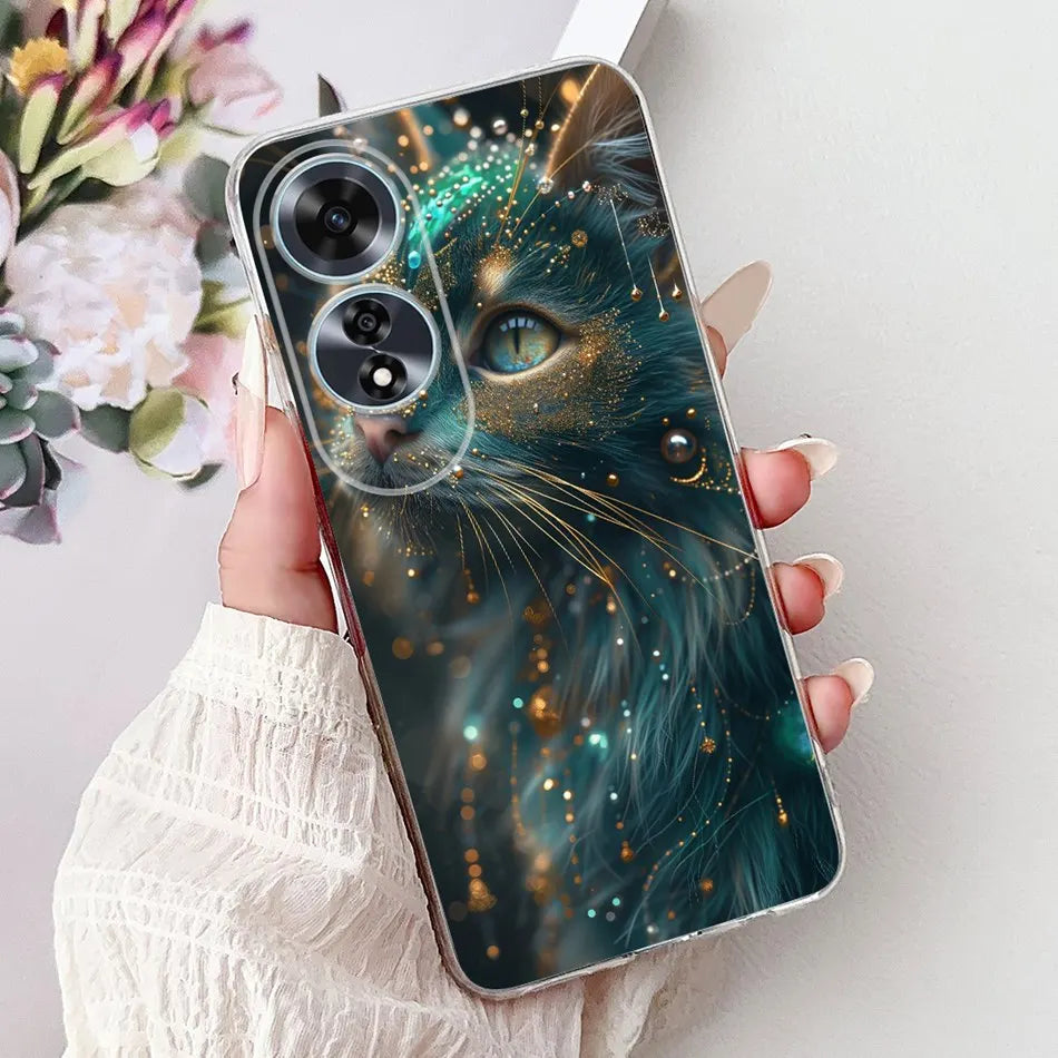 Elegant Floral Cat TPU Cover – OPPO A60