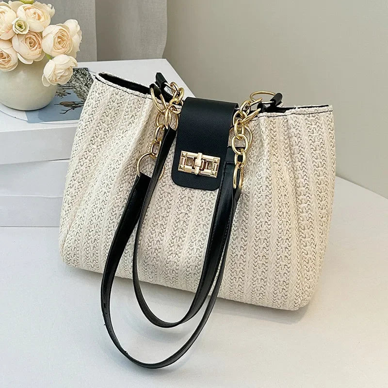 Chic Straw Woven Tote with Chain Leather Strap