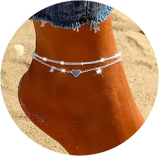 925 Silver CZ Heart Layer Anklet, Waterproof