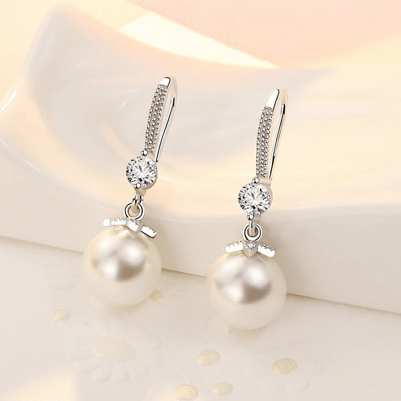 “925 Silver Long Pearl CZ Pendant Earrings