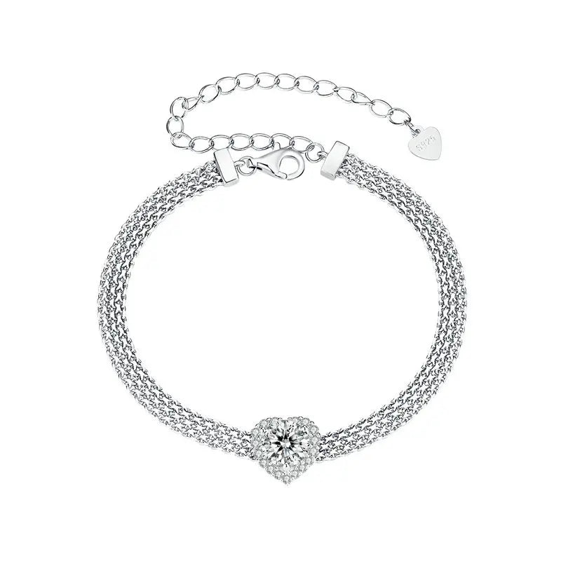 “Sterling Silver Mesh Chain Moissanite Heart Bracelet