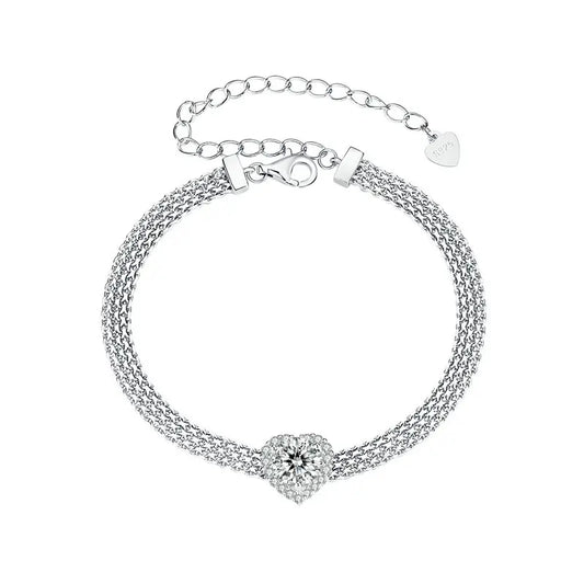 “Sterling Silver Mesh Chain Moissanite Heart Bracelet