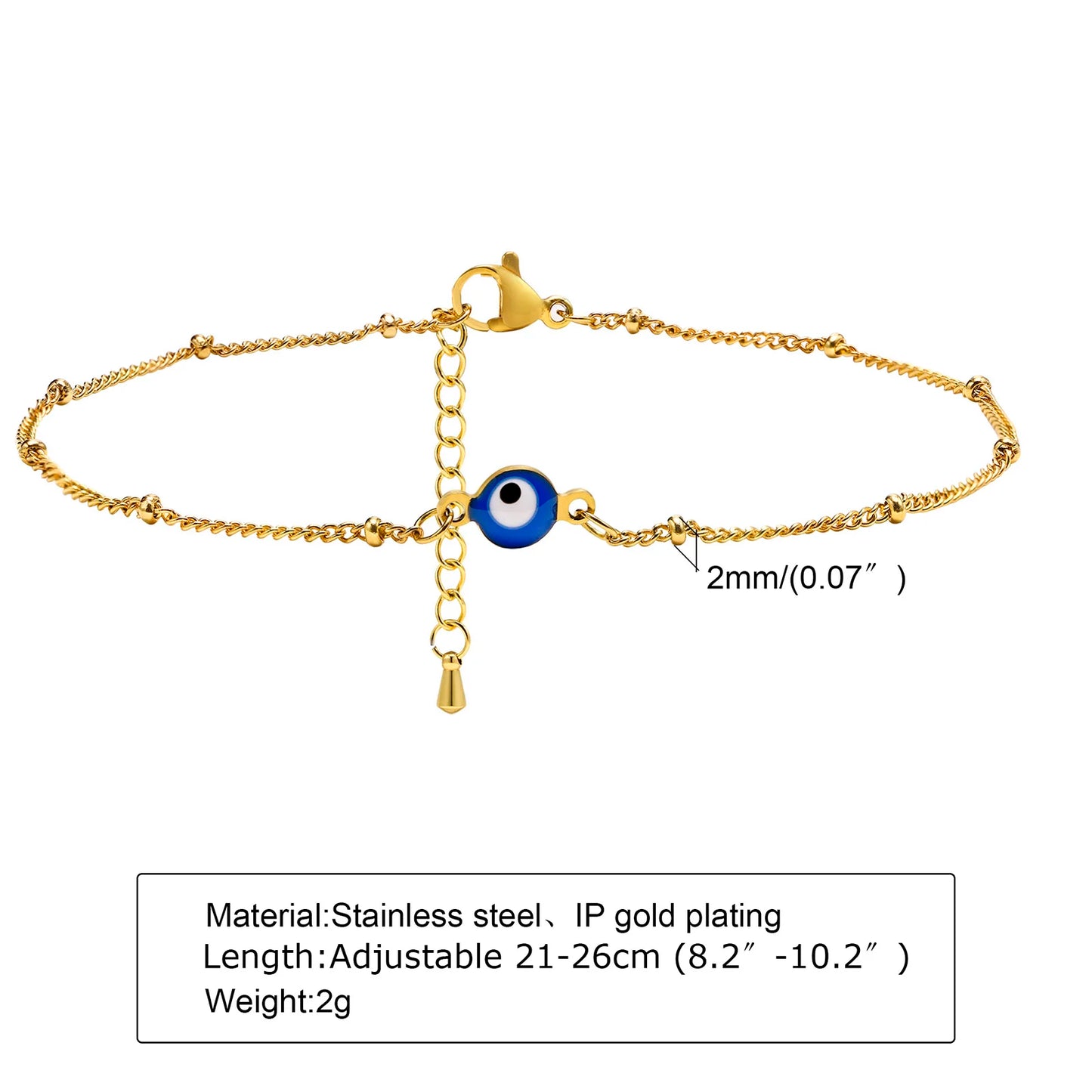 Stainless Steel Evil Eye Anklet, Blue Beads