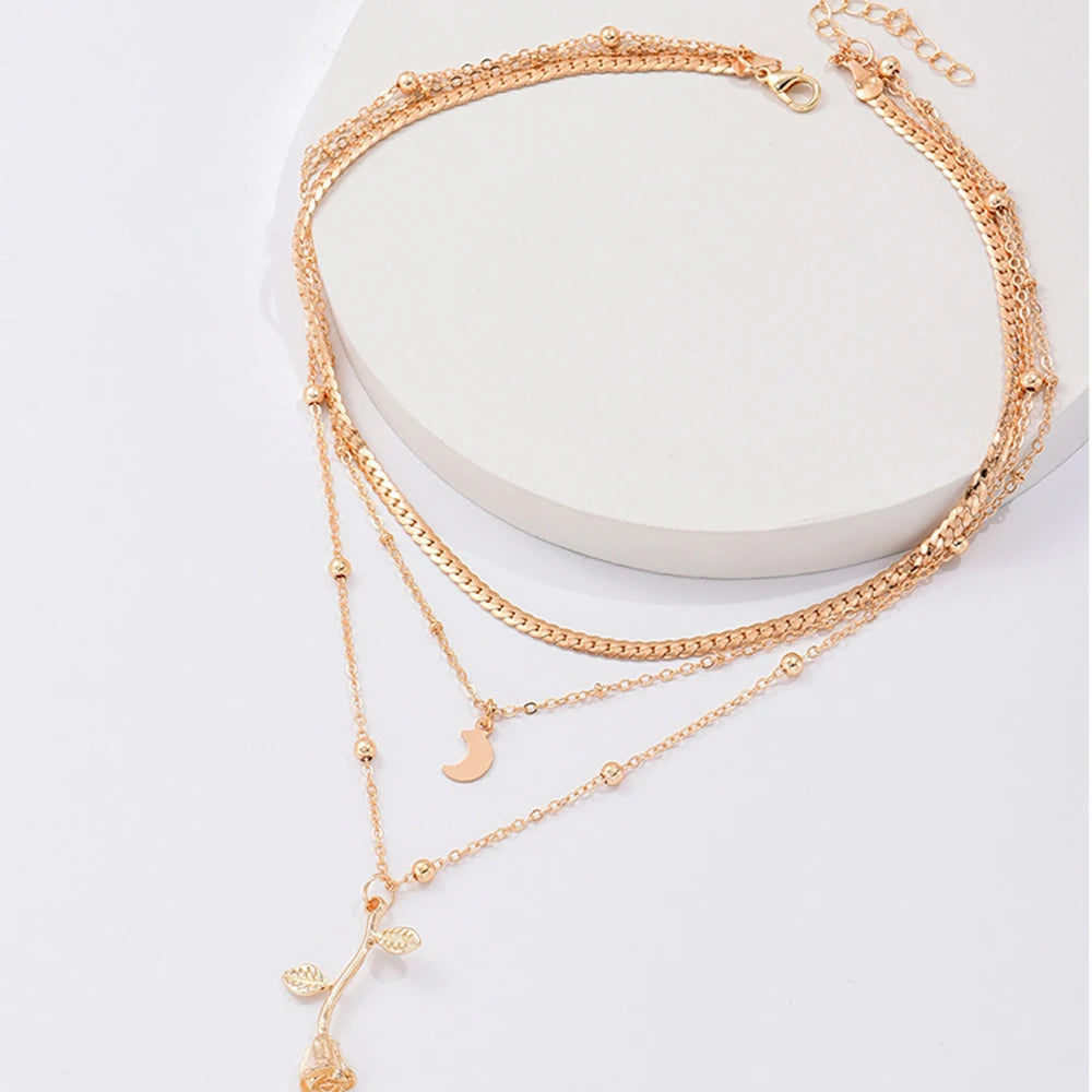 Bohemia Gold Moon & Rose Flower Multilayer Necklace