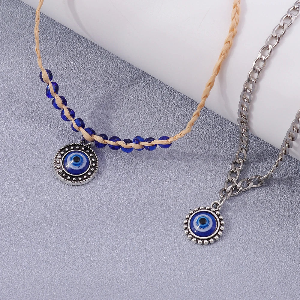 2PCS Boho Blue Evil Eye Anklet Set