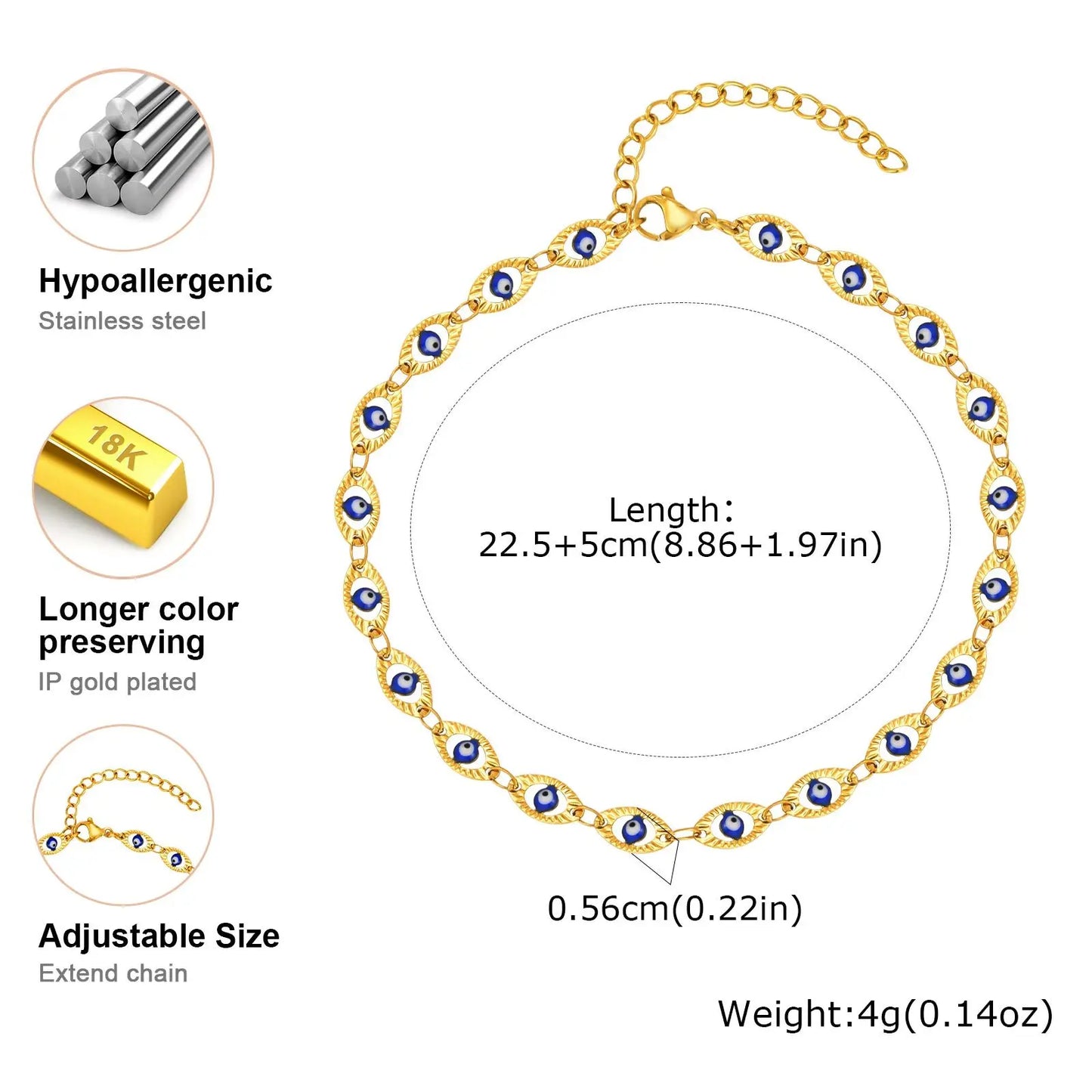 Vnox Vintage Evil Eye Adjustable Anklet, Metal Beads