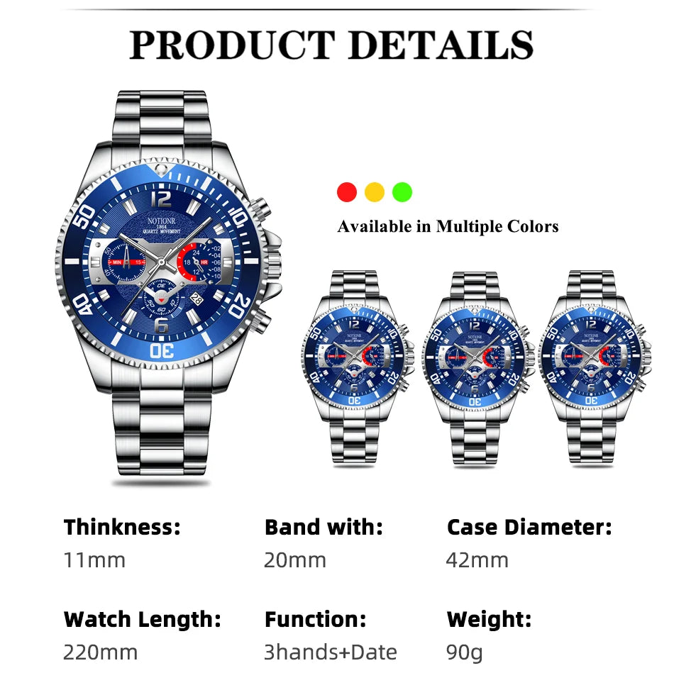 Men's Luxury Quartz Watch, Stainless Steel, Luminous