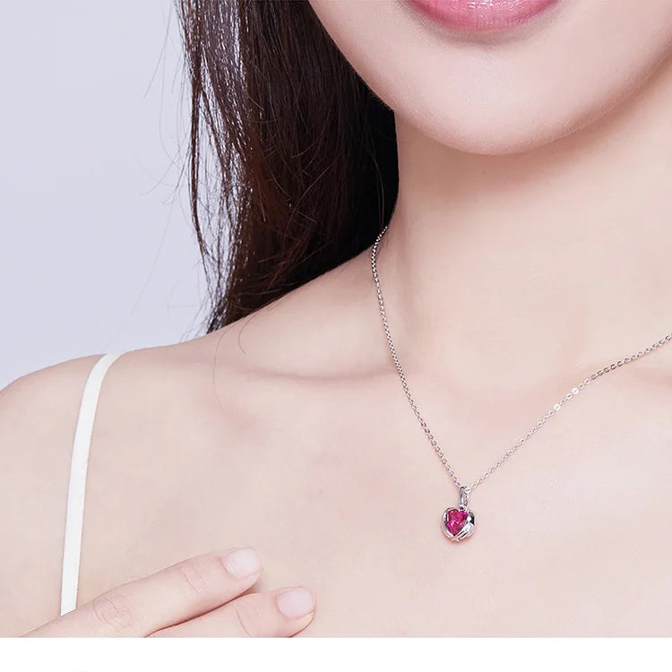 Bamoer Red Heart Wing Pendant Necklace 925 Silver