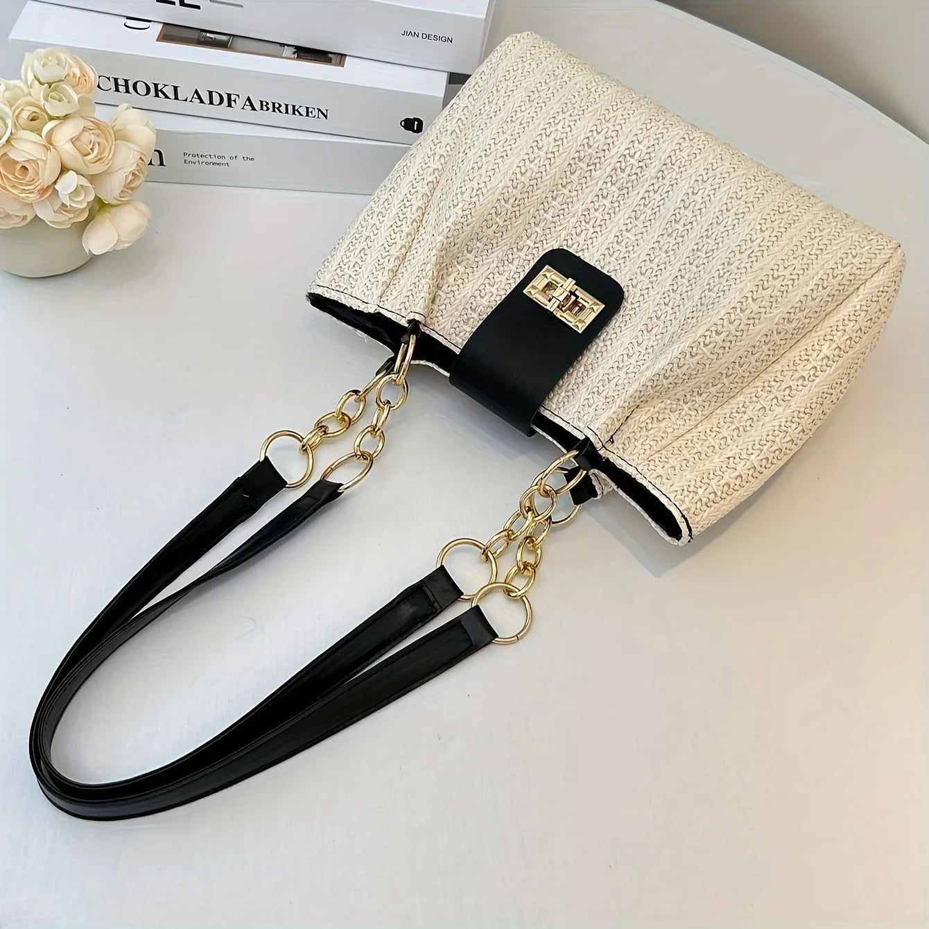 Chic Straw Woven Tote with Chain Leather Strap