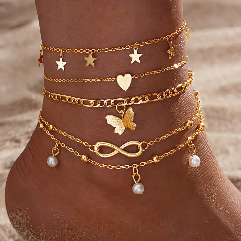 Boho Gold Snake Anklet Set with Charms