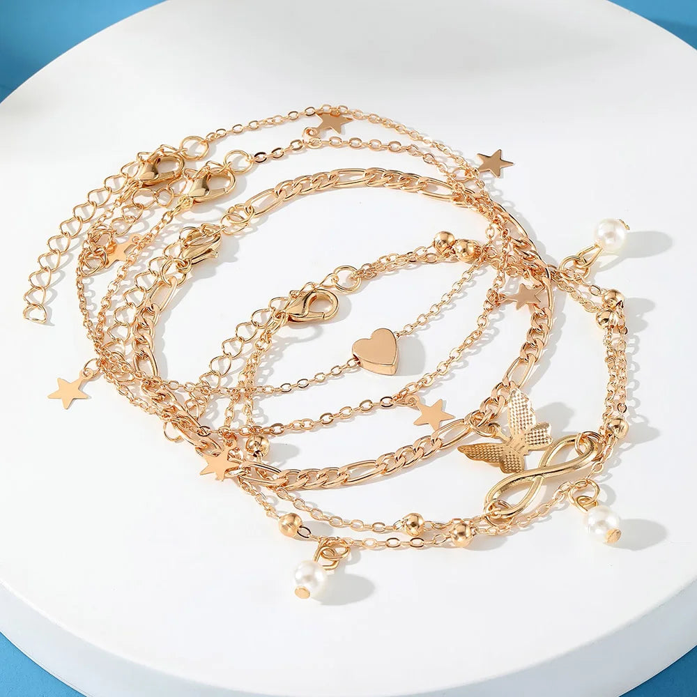 Boho Gold Snake Anklet Set with Charms