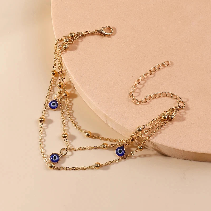 Gold Silver Evil Eye Layered Anklet for Women