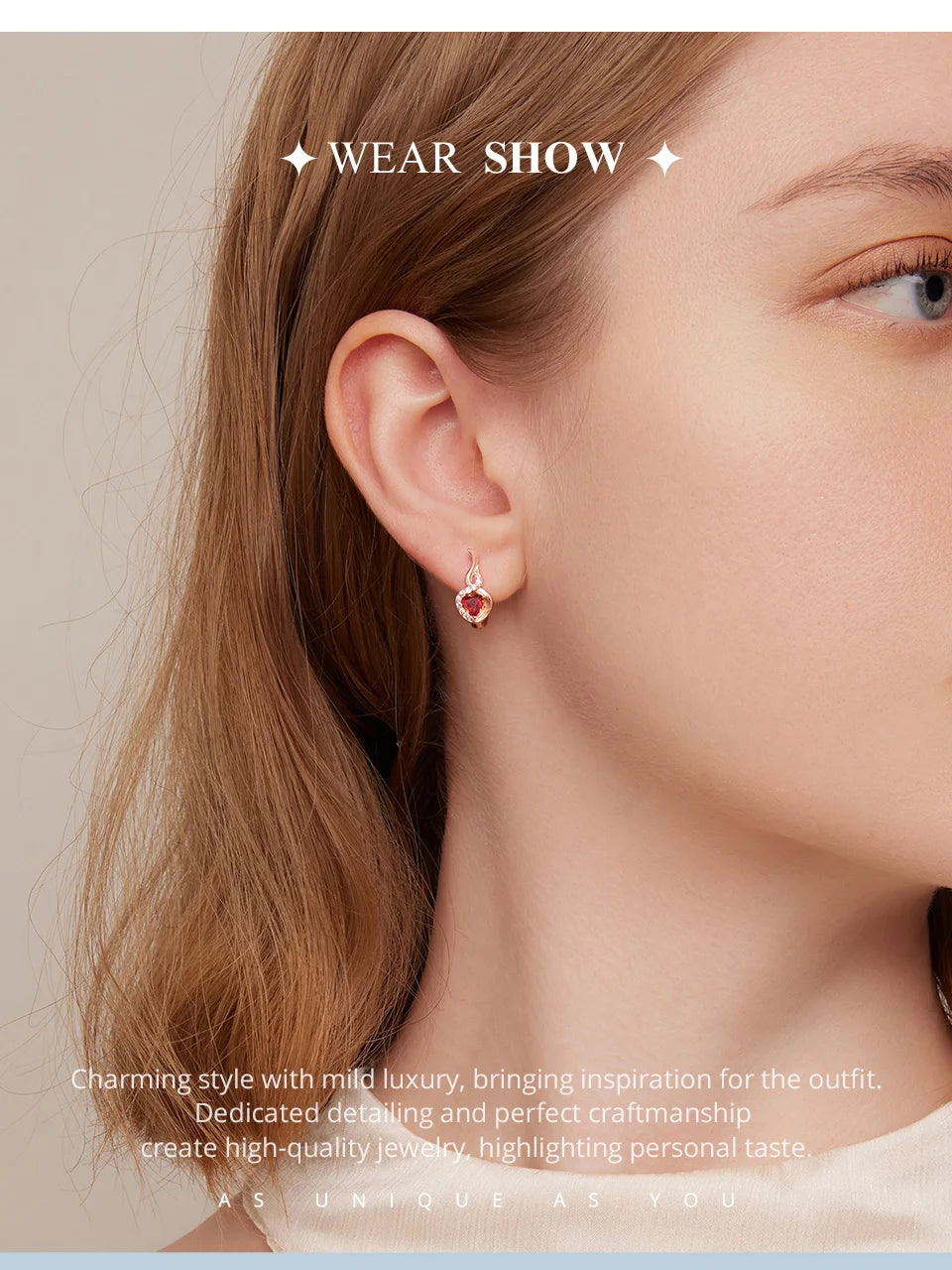 “925 Silver Rose Gold Red Heart Ear Clips”