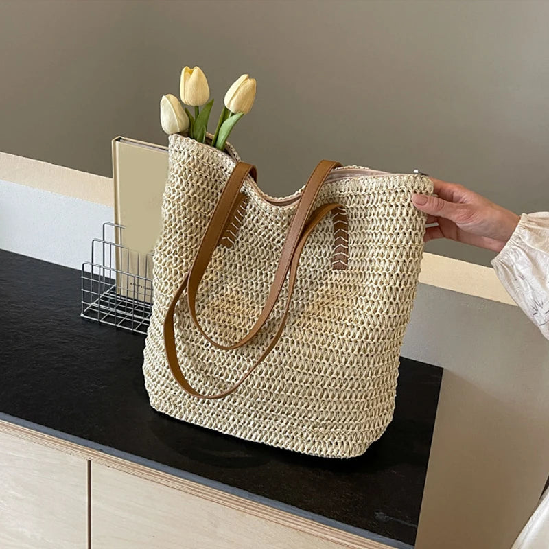 Summer Straw Bucket Bag