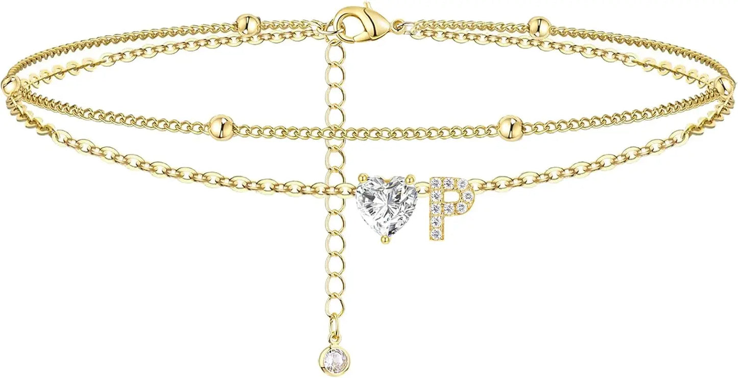 14K Gold Plated CZ Initial Heart Anklet, Waterproof