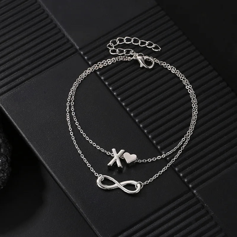 Boho Initial Anklet, Silver Infinity & Heart