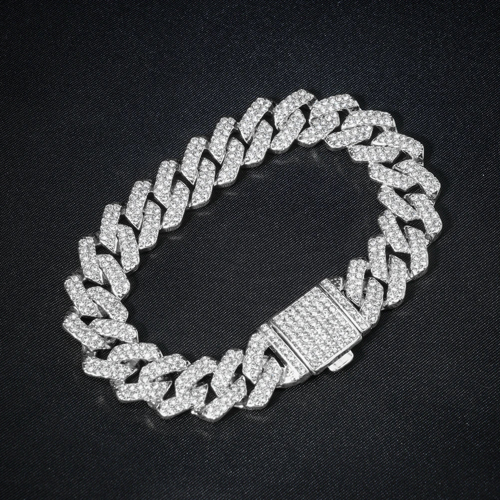 “15mm Silver Cuban Link Rhinestone Bracelet”