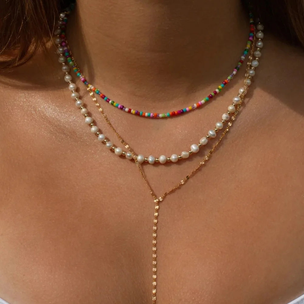 Bohemian Multilayer Mixed Chain Necklace with Crystal Pendant