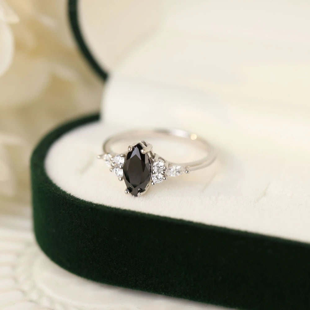 Trumium 1ct S925 Silver Marquise Black Agate Ring