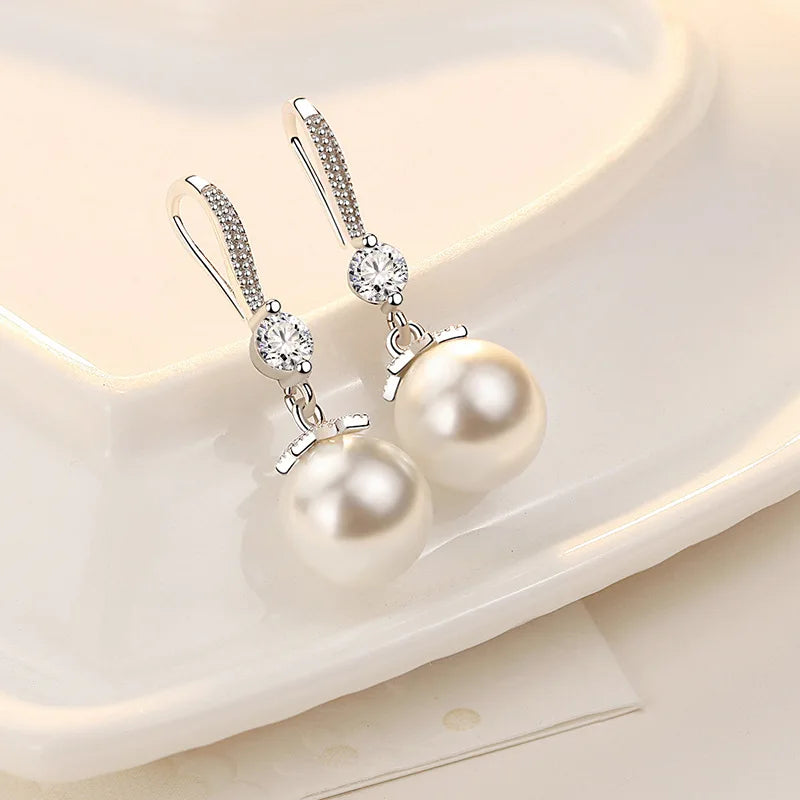“925 Silver Long Pearl CZ Pendant Earrings