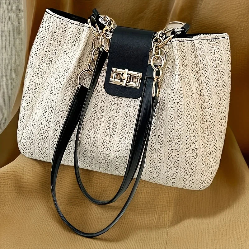 Chic Straw Woven Tote with Chain Leather Strap