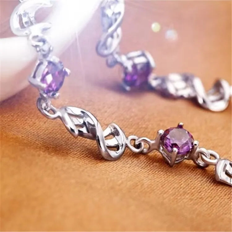 “925 Silver Purple & White Zirconia Bracelet 17+4CM”