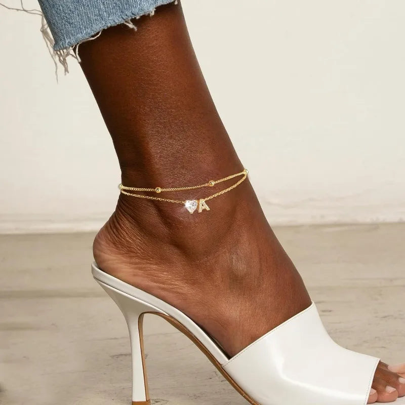14K Gold Plated CZ Initial Heart Anklet, Waterproof