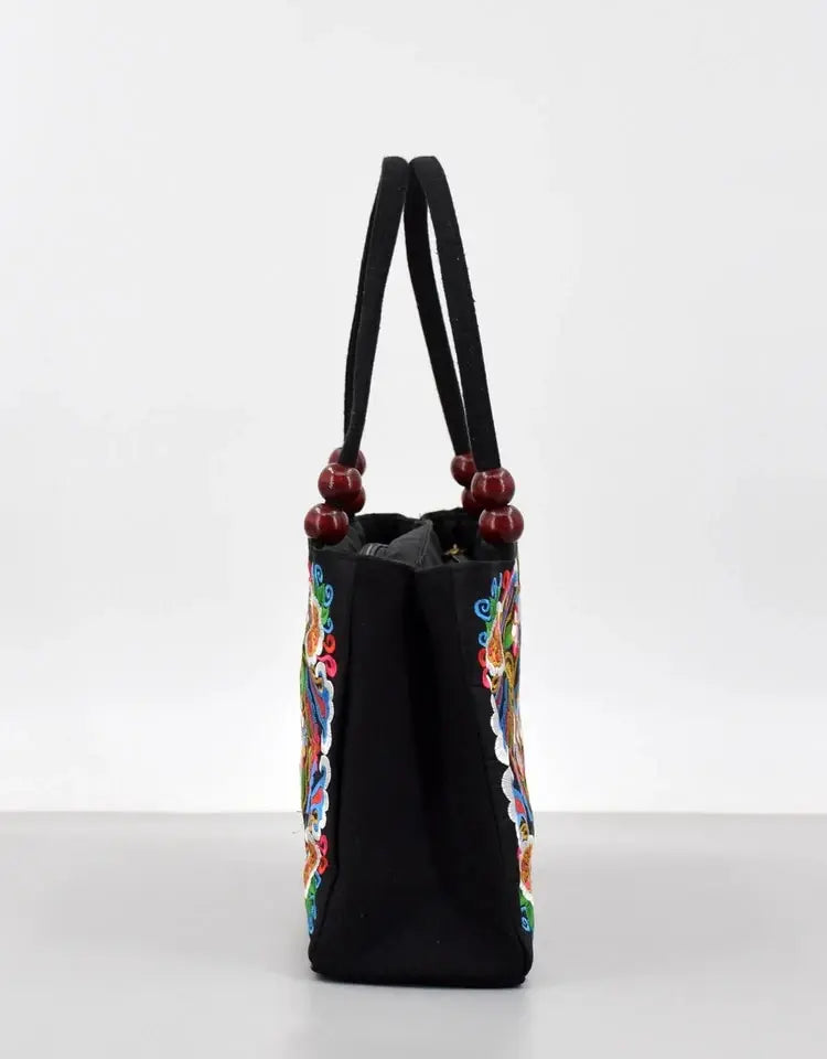Floral Embroidered Canvas Handbag