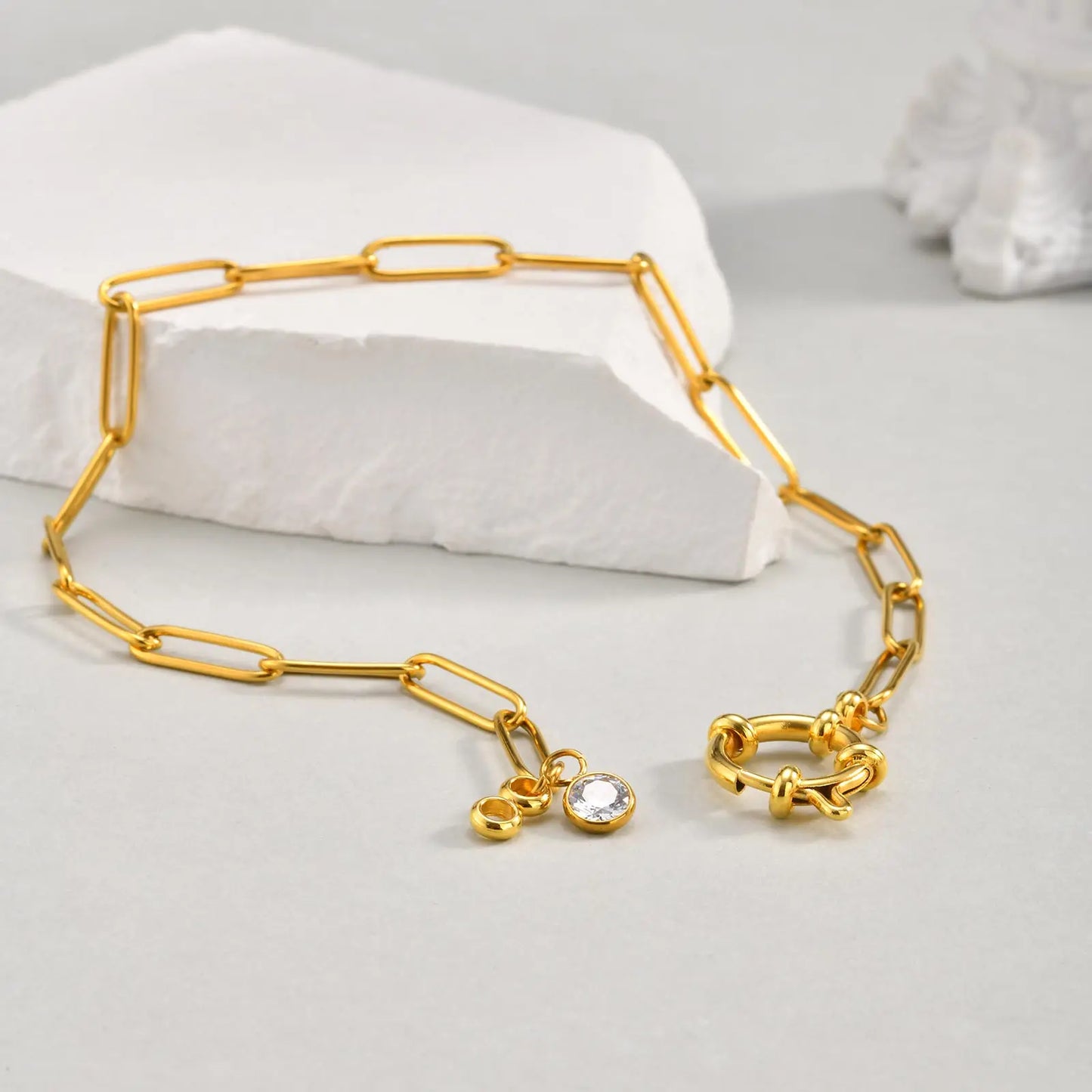 Stainless Steel Paperclip Zircon Anklet, Waterproof