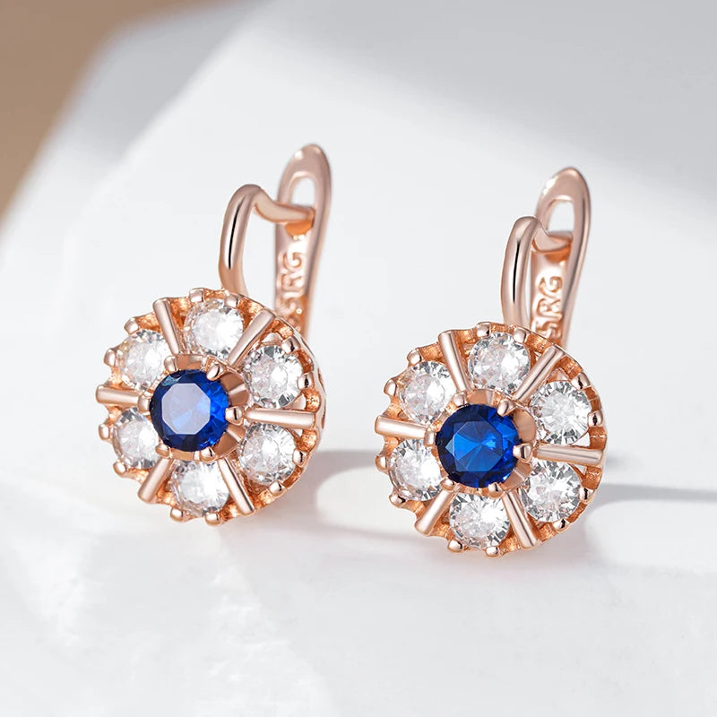 “585 Rose Gold Blue Zircon Flower Earrings