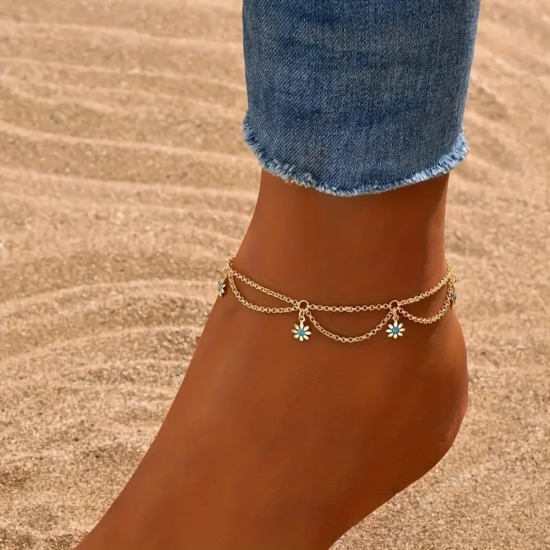 Boho Double Layer Flower Pendant Anklet